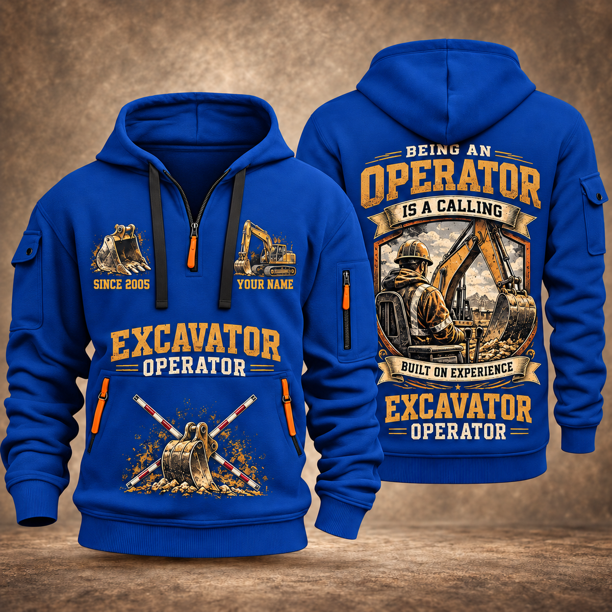 Excavator Operator Calling of the Earth quarter-zip hoodie in Blue, front and back, YOUR NAME and SINCE 2005 artwork