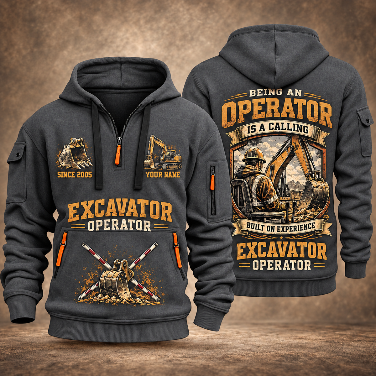 Excavator Operator Calling of the Earth quarter-zip hoodie in Gray, front and back, YOUR NAME and SINCE 2005 artwork