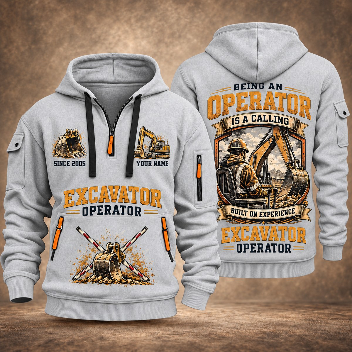 Excavator Operator Calling of the Earth quarter-zip hoodie in Light Grey, front and back, YOUR NAME and SINCE 2005 artwork