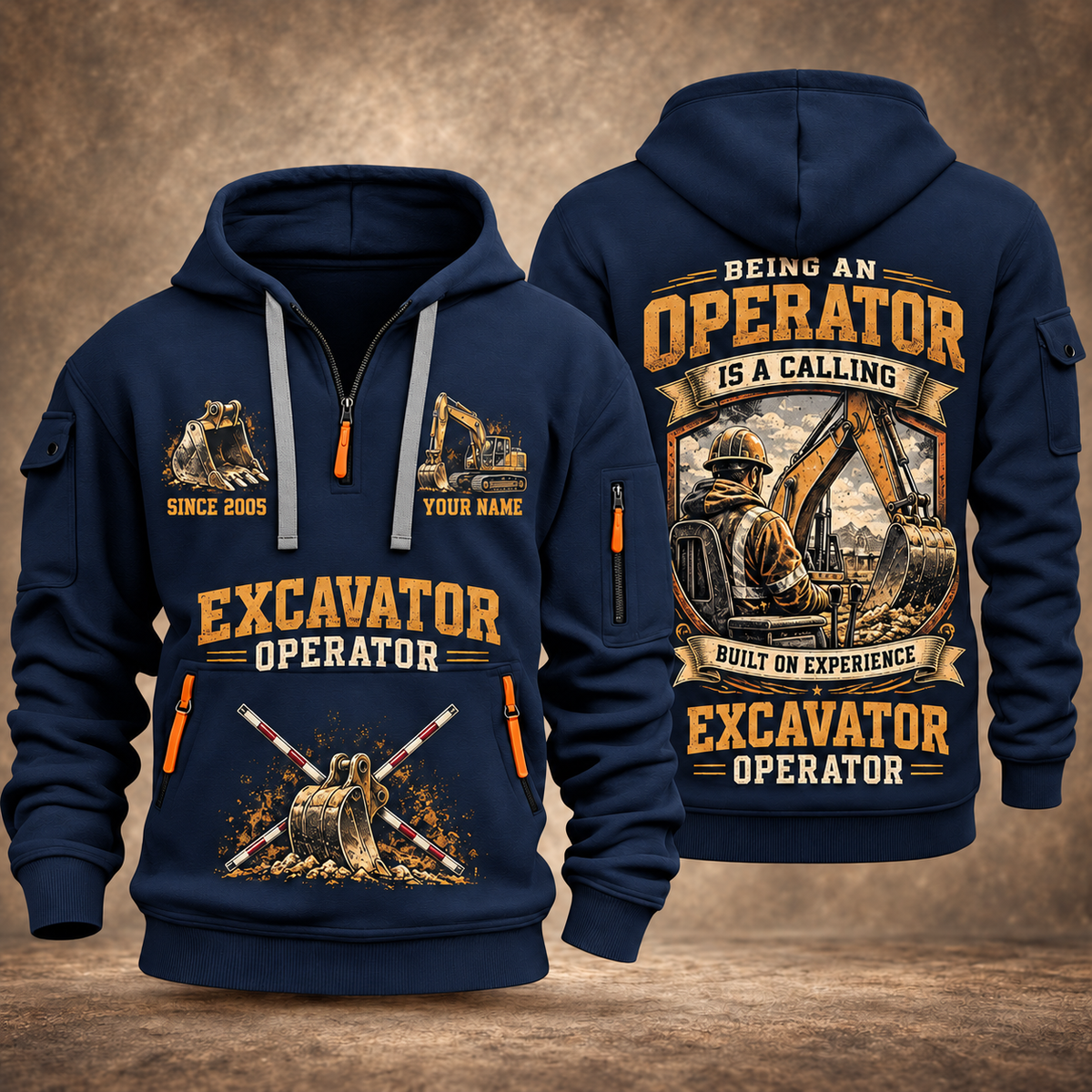 Excavator Operator Calling of the Earth quarter-zip hoodie in Navy, front and back, YOUR NAME and SINCE 2005 artwork
