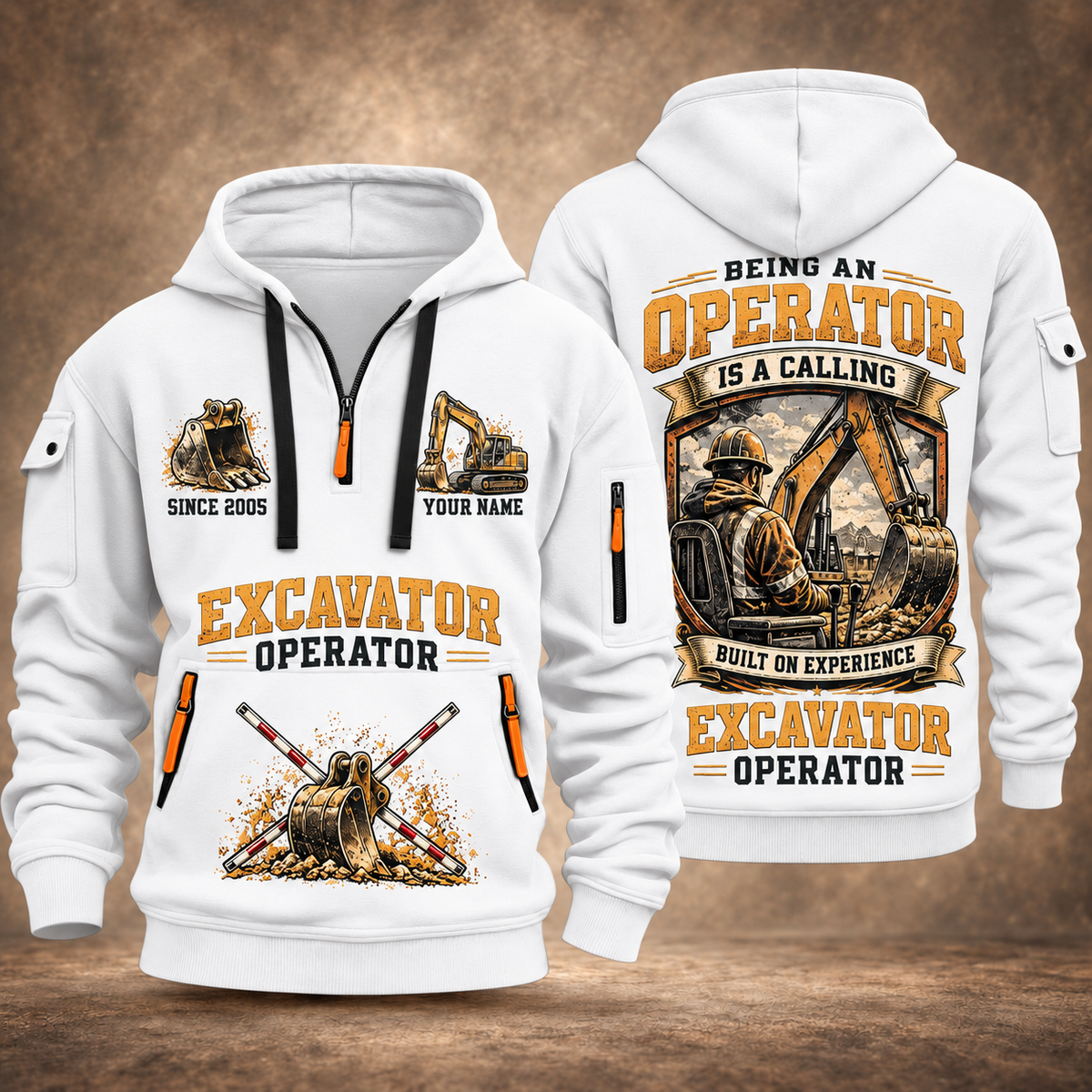 Excavator Operator Calling of the Earth quarter-zip hoodie in White, front and back, YOUR NAME and SINCE 2005 artwork
