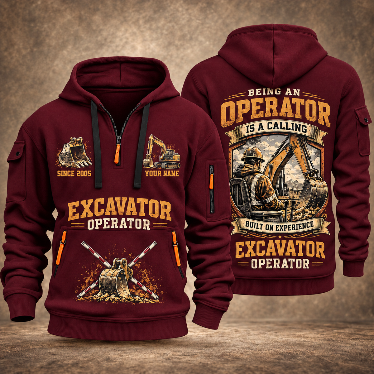 Excavator Operator Calling of the Earth quarter-zip hoodie in Wine Red, front and back, YOUR NAME and SINCE 2005 artwork