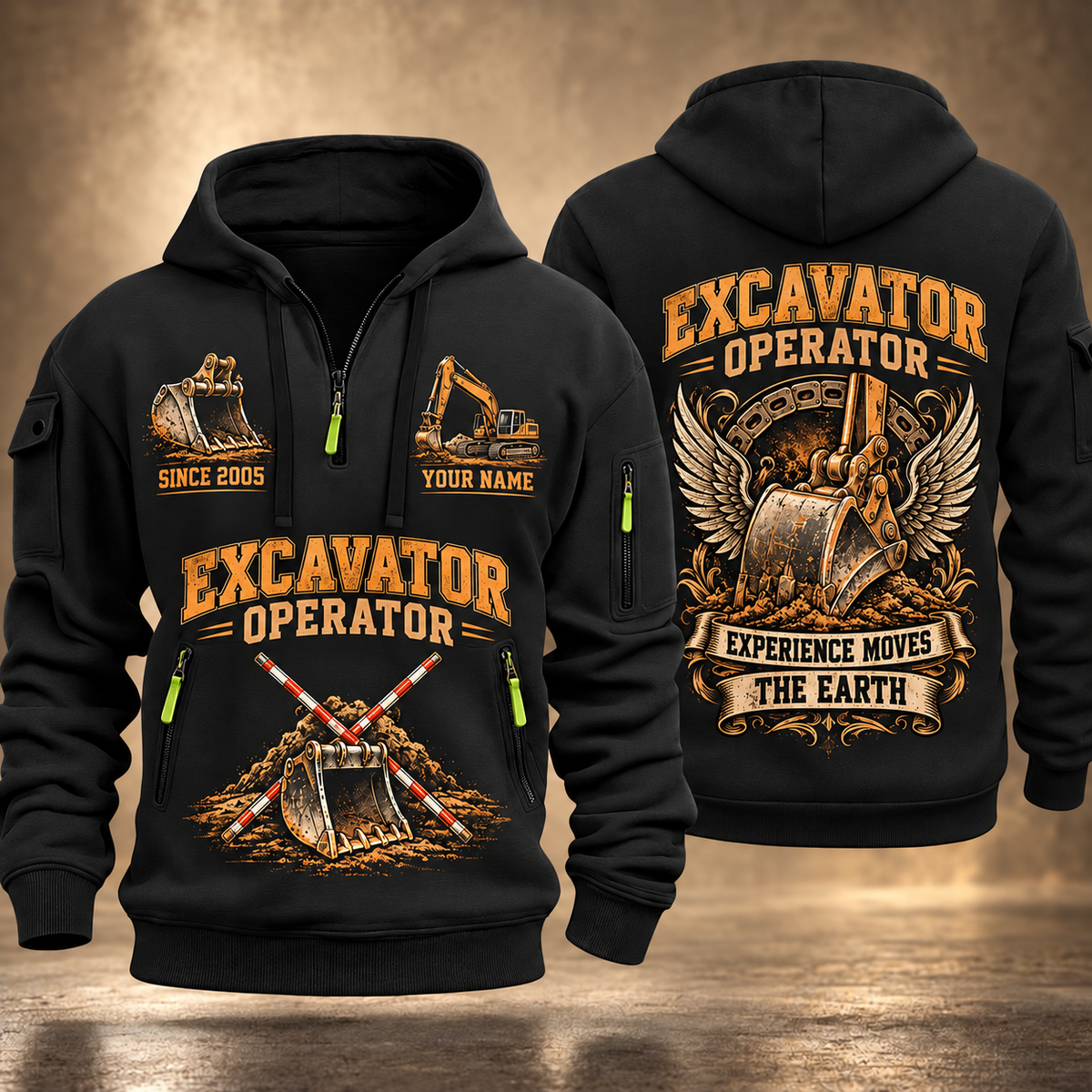Excavator Operator Heart of Groundwork quarter-zip hoodie in Black, front and back, YOUR NAME and SINCE 2005 artwork