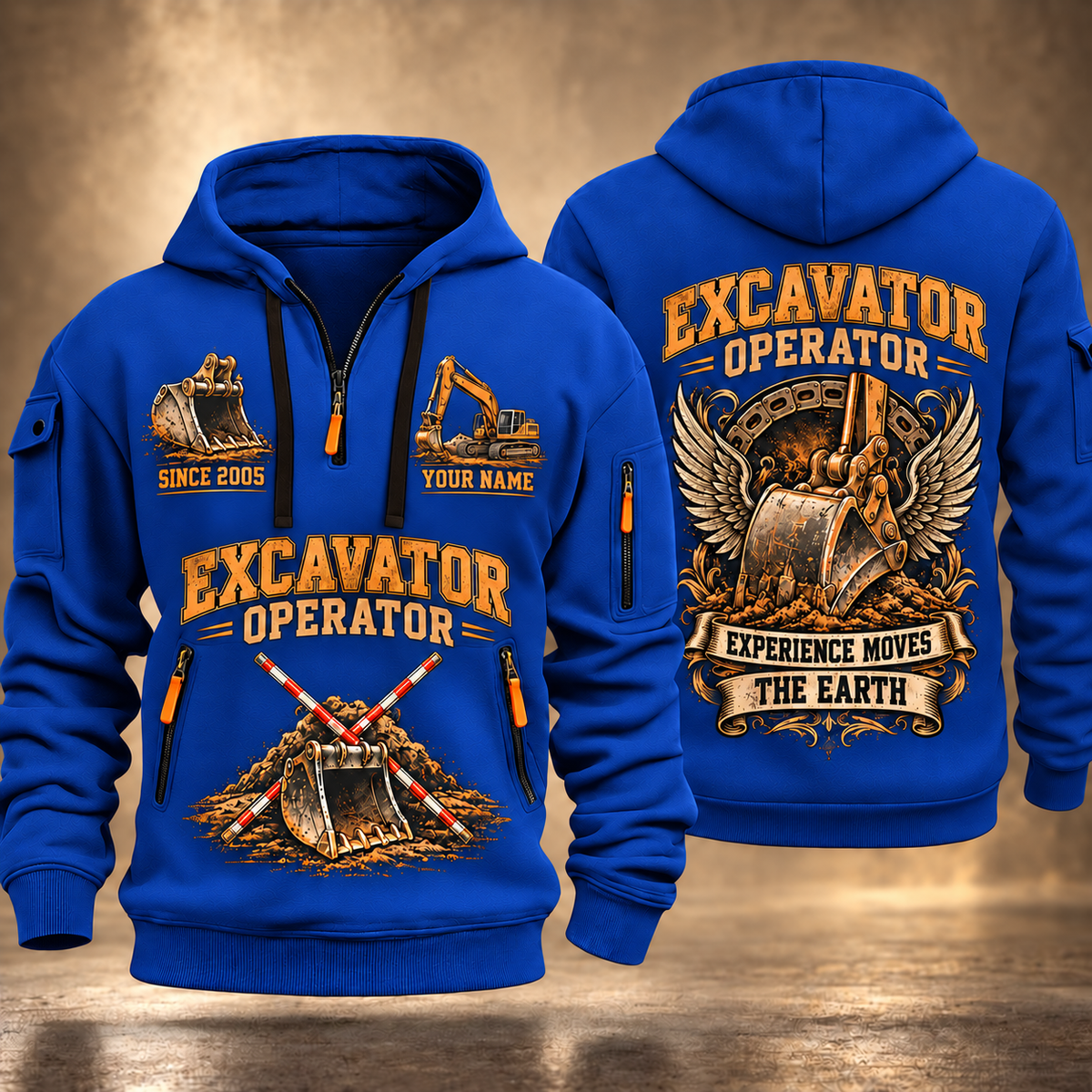 Excavator Operator Heart of Groundwork quarter-zip hoodie in Blue, front and back, YOUR NAME and SINCE 2005 artwork