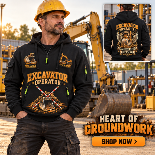 Excavator Operator wearing Heart of Groundwork quarter-zip hoodie in their workplace; product introduction and shopping call to action