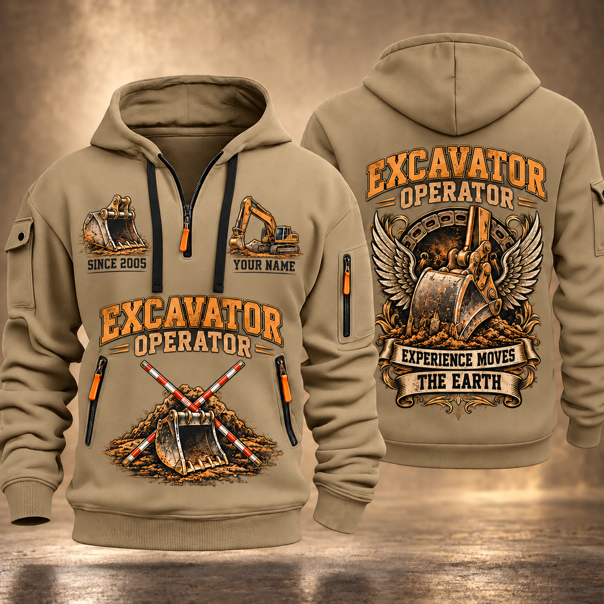Excavator Operator Heart of Groundwork quarter-zip hoodie in Khaki, front and back, YOUR NAME and SINCE 2005 artwork