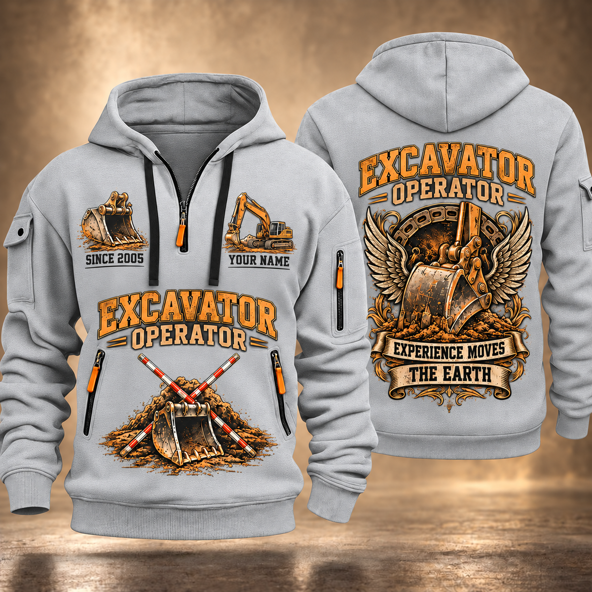 Excavator Operator Heart of Groundwork quarter-zip hoodie in Light Grey, front and back, YOUR NAME and SINCE 2005 artwork