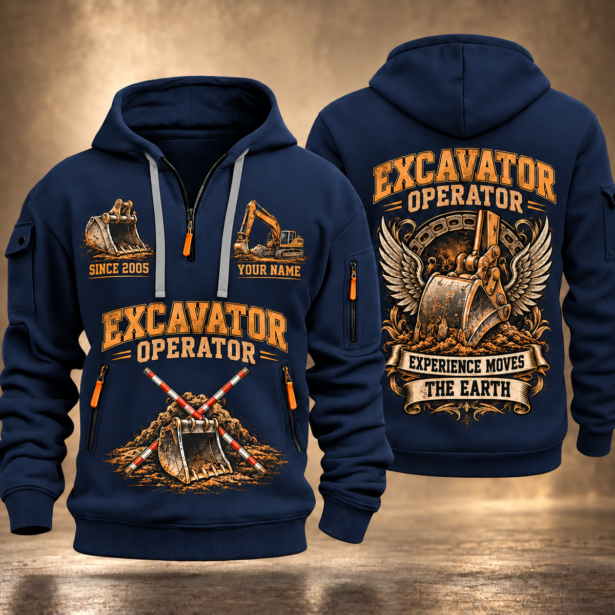 Excavator Operator Heart of Groundwork quarter-zip hoodie in Navy, front and back, YOUR NAME and SINCE 2005 artwork