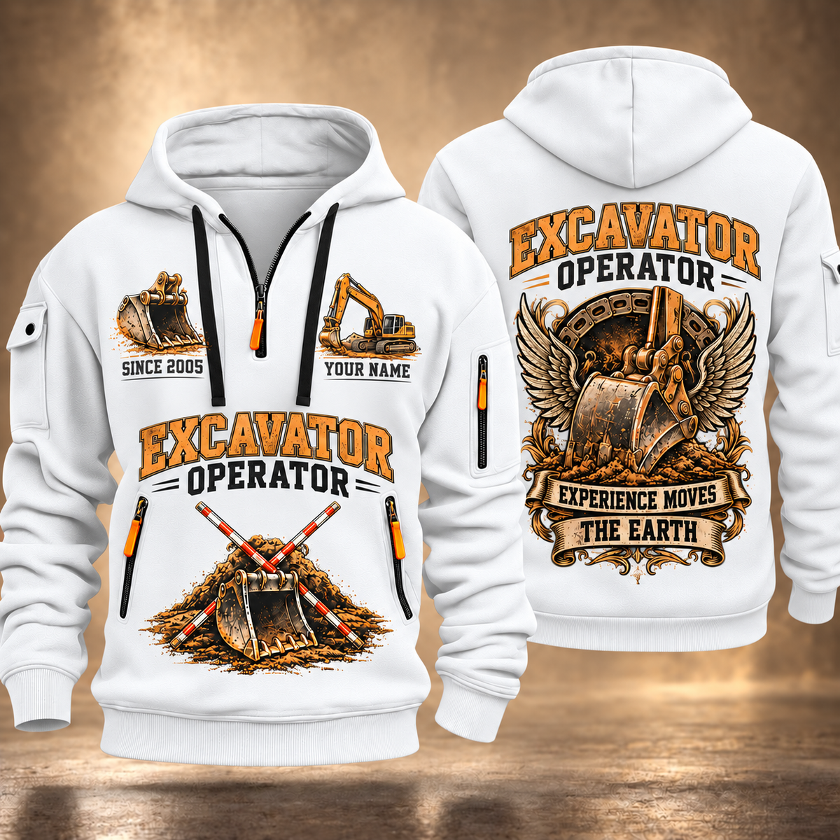 Excavator Operator Heart of Groundwork quarter-zip hoodie in White, front and back, YOUR NAME and SINCE 2005 artwork