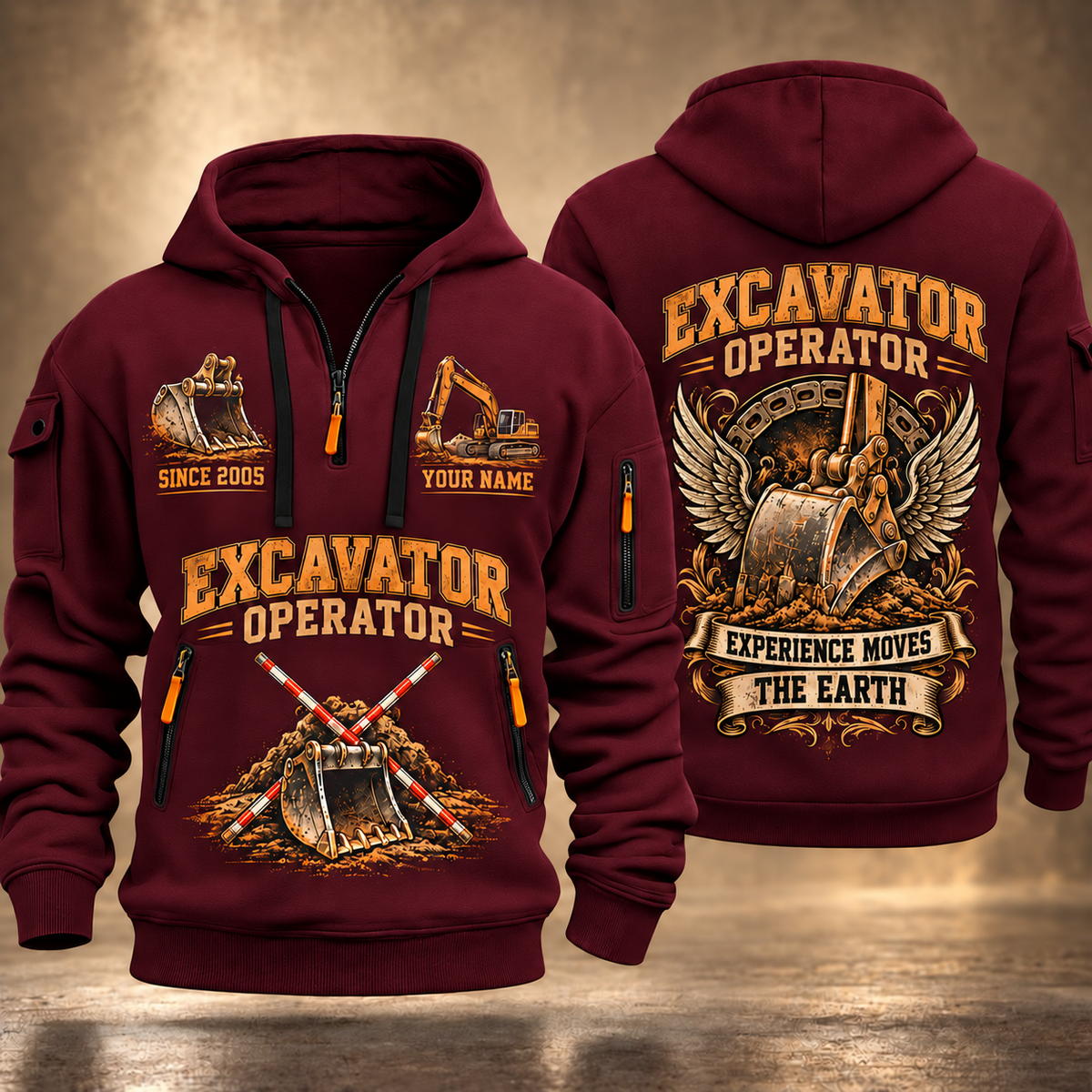 Excavator Operator Heart of Groundwork quarter-zip hoodie in Wine Red, front and back, YOUR NAME and SINCE 2005 artwork