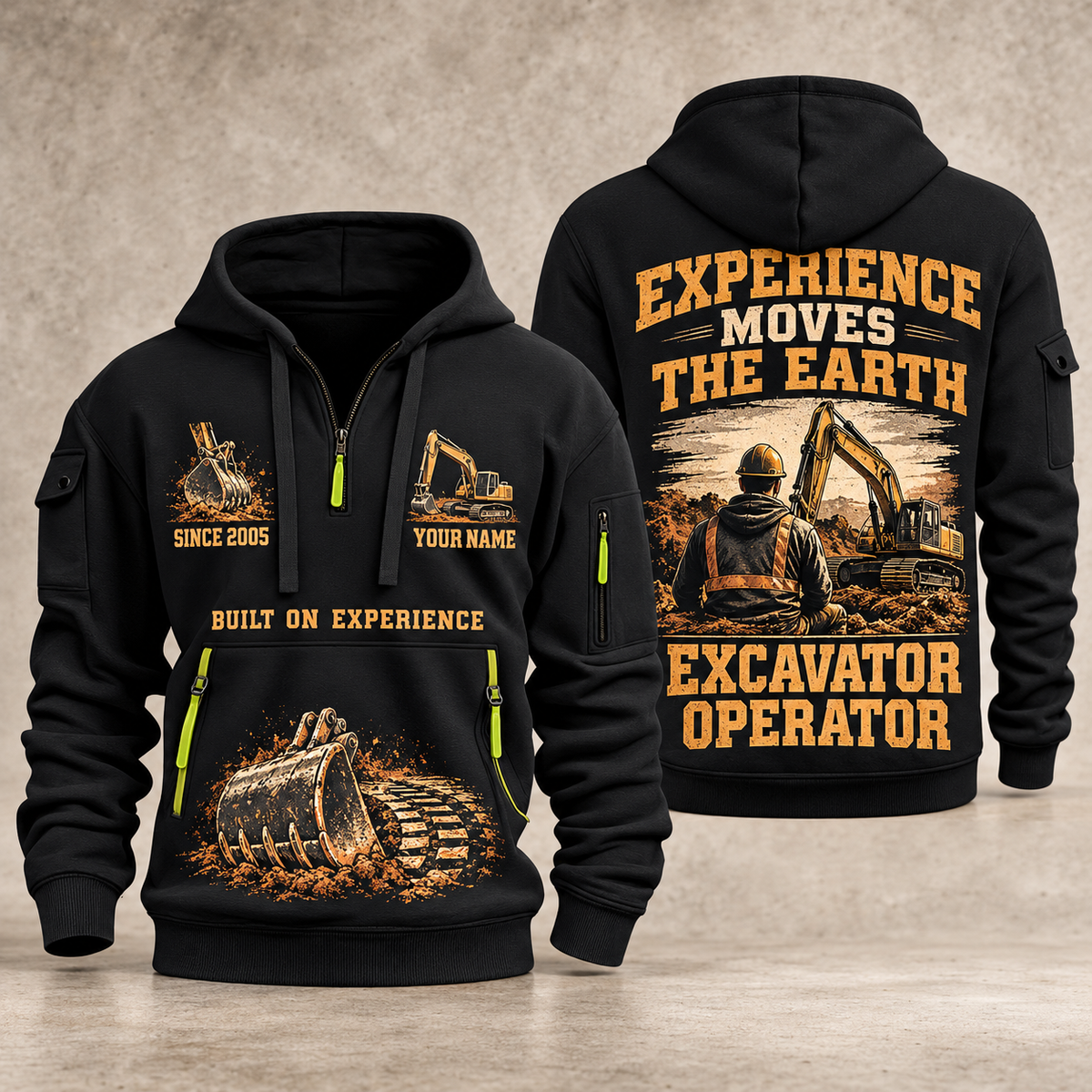 Excavator Operator Walked the Ground quarter-zip hoodie in Black, front and back, YOUR NAME and SINCE 2005 artwork