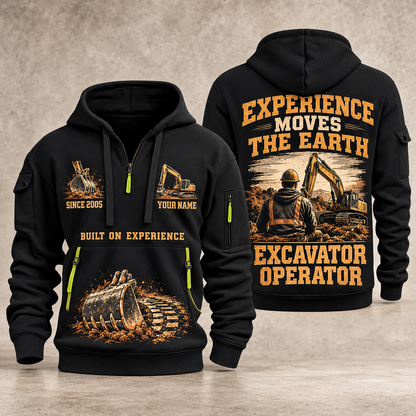 Excavator Operator Walked the Ground quarter-zip hoodie in Black, front and back, YOUR NAME and SINCE 2005 artwork