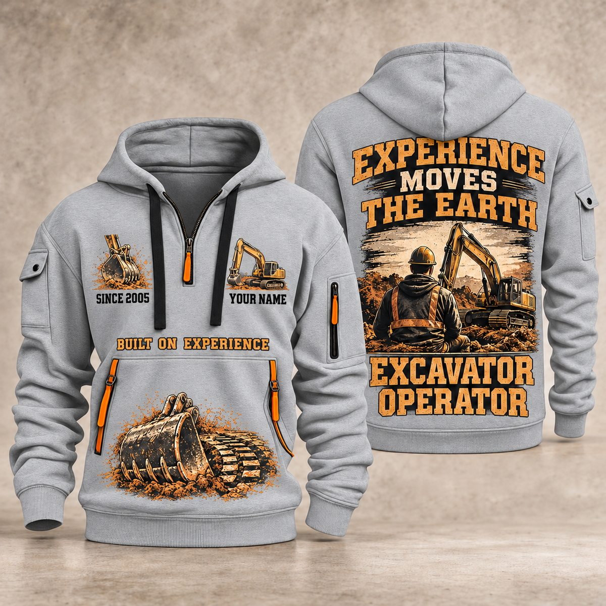 Excavator Operator Walked the Ground quarter-zip hoodie in Light Grey, front and back, YOUR NAME and SINCE 2005 artwork