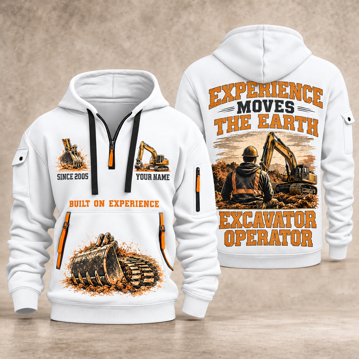 Excavator Operator Walked the Ground quarter-zip hoodie in White, front and back, YOUR NAME and SINCE 2005 artwork