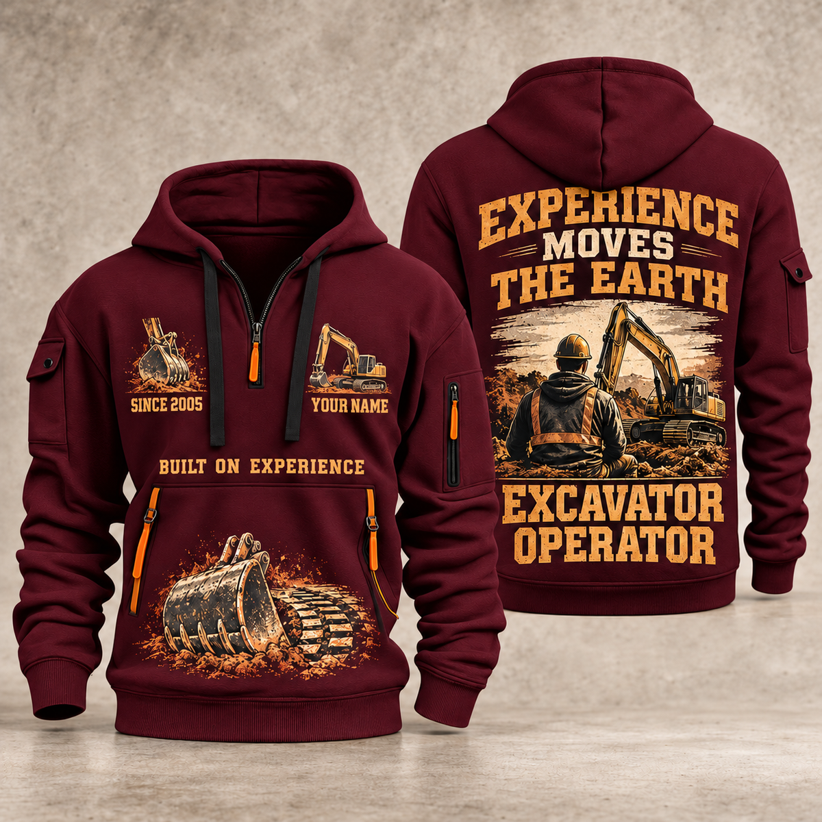 Excavator Operator Walked the Ground quarter-zip hoodie in Wine Red, front and back, YOUR NAME and SINCE 2005 artwork