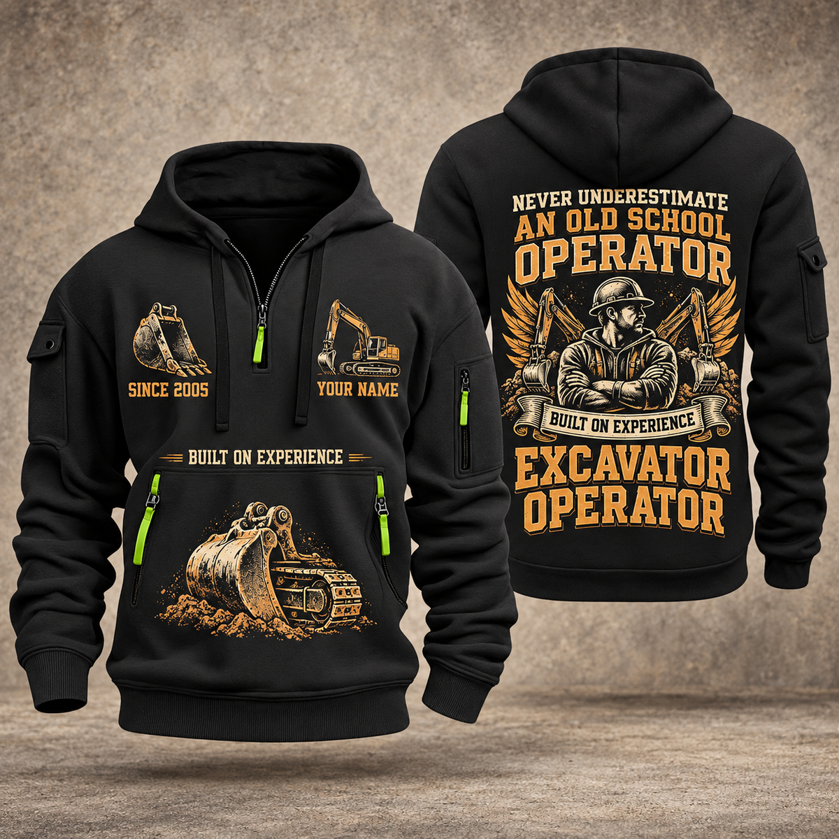 Excavator Operator Old School Operator quarter-zip hoodie in Black, front and back, YOUR NAME and SINCE 2005 artwork
