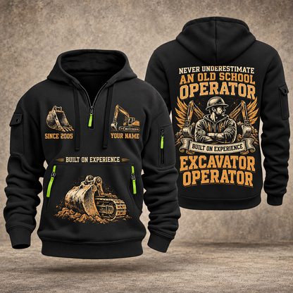 Excavator Operator Old School Operator quarter-zip hoodie in Black, front and back, YOUR NAME and SINCE 2005 artwork