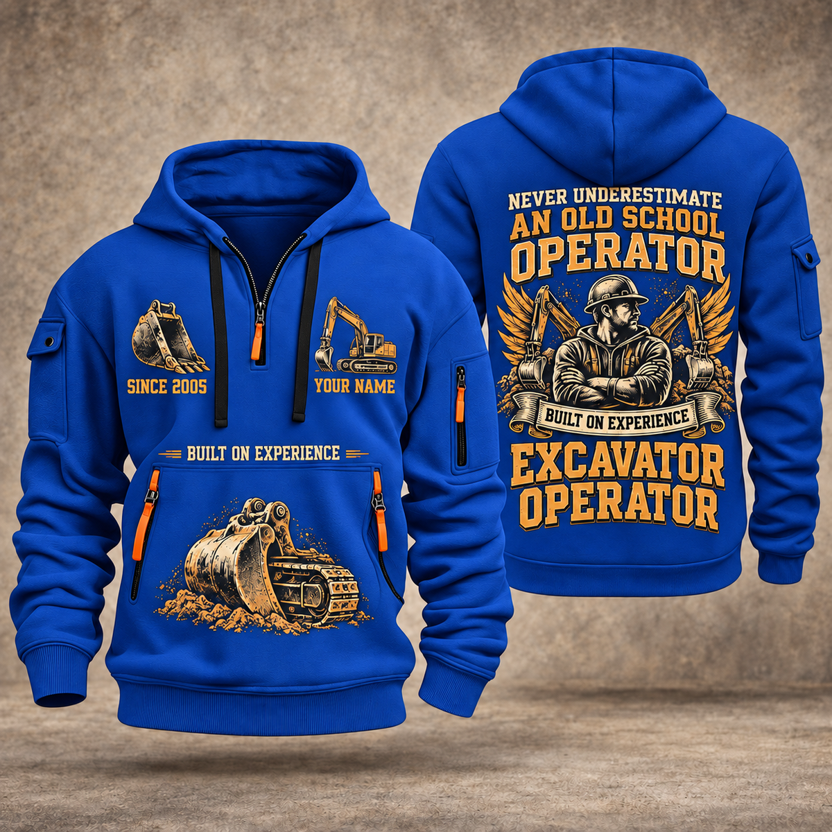 Excavator Operator Old School Operator quarter-zip hoodie in Blue, front and back, YOUR NAME and SINCE 2005 artwork