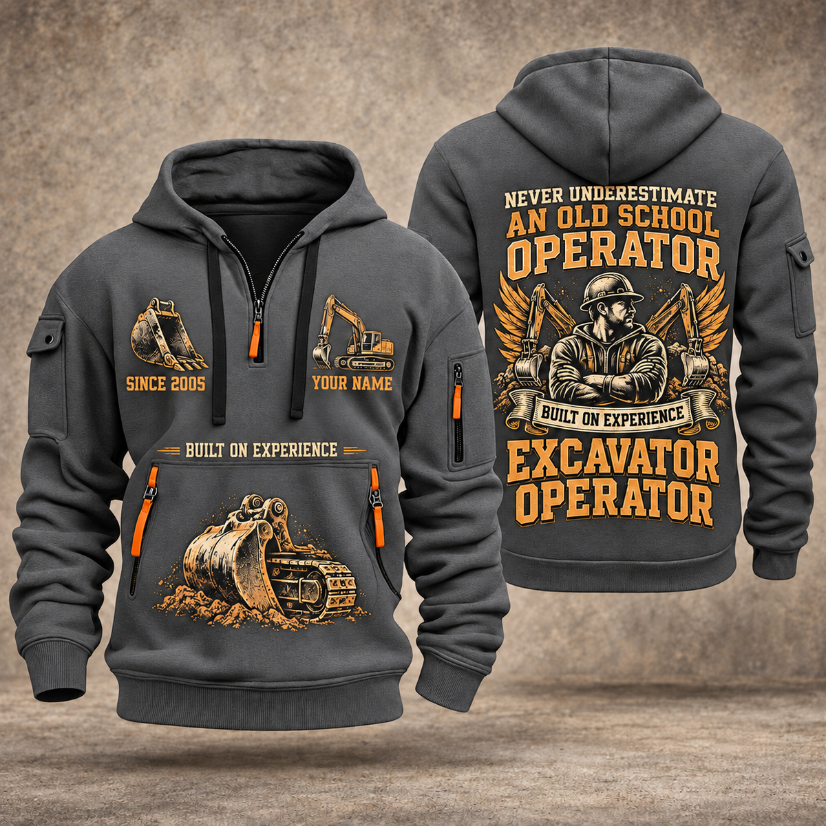 Excavator Operator Old School Operator quarter-zip hoodie in Gray, front and back, YOUR NAME and SINCE 2005 artwork