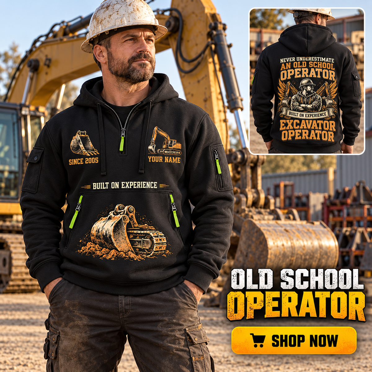 Excavator Operator wearing Old School Operator quarter-zip hoodie in their workplace; product introduction and shopping call to action
