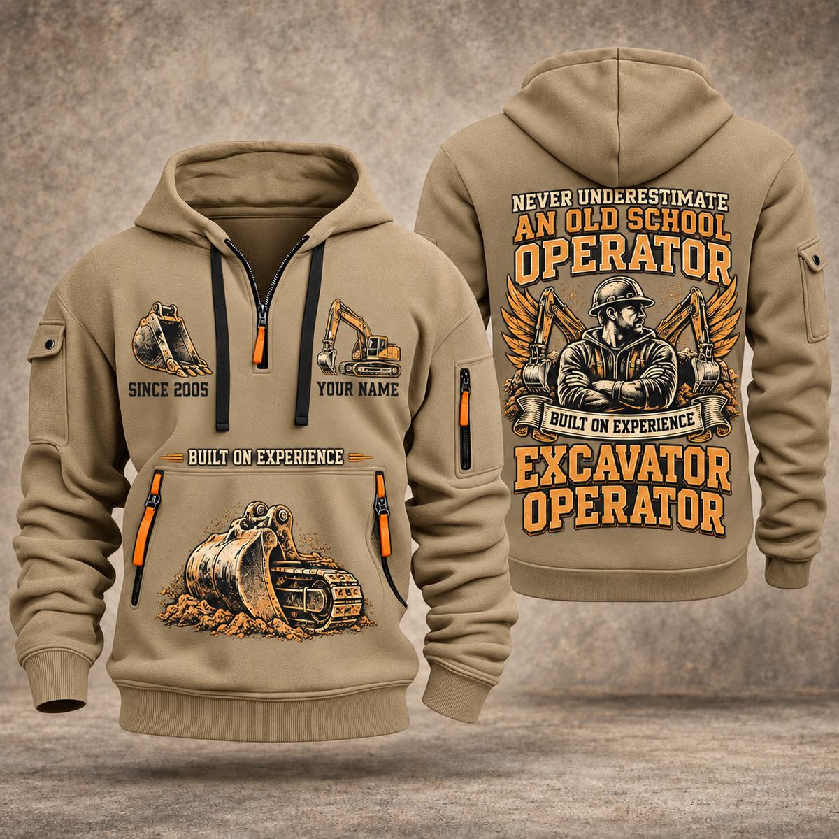 Excavator Operator Old School Operator quarter-zip hoodie in Khaki, front and back, YOUR NAME and SINCE 2005 artwork