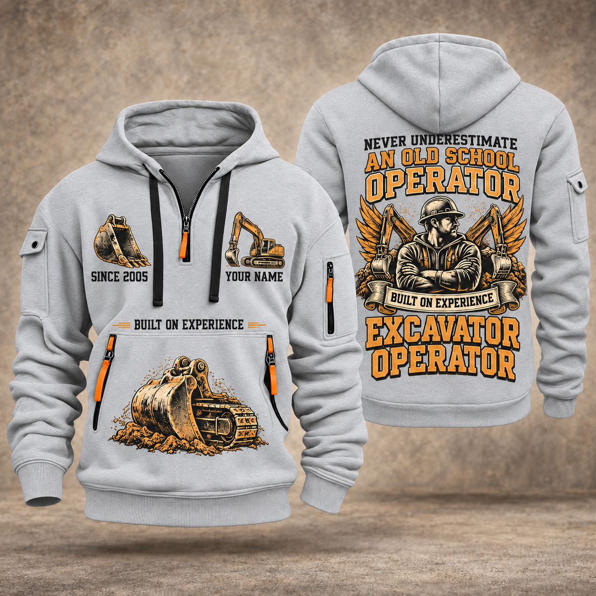 Excavator Operator Old School Operator quarter-zip hoodie in Light Grey, front and back, YOUR NAME and SINCE 2005 artwork