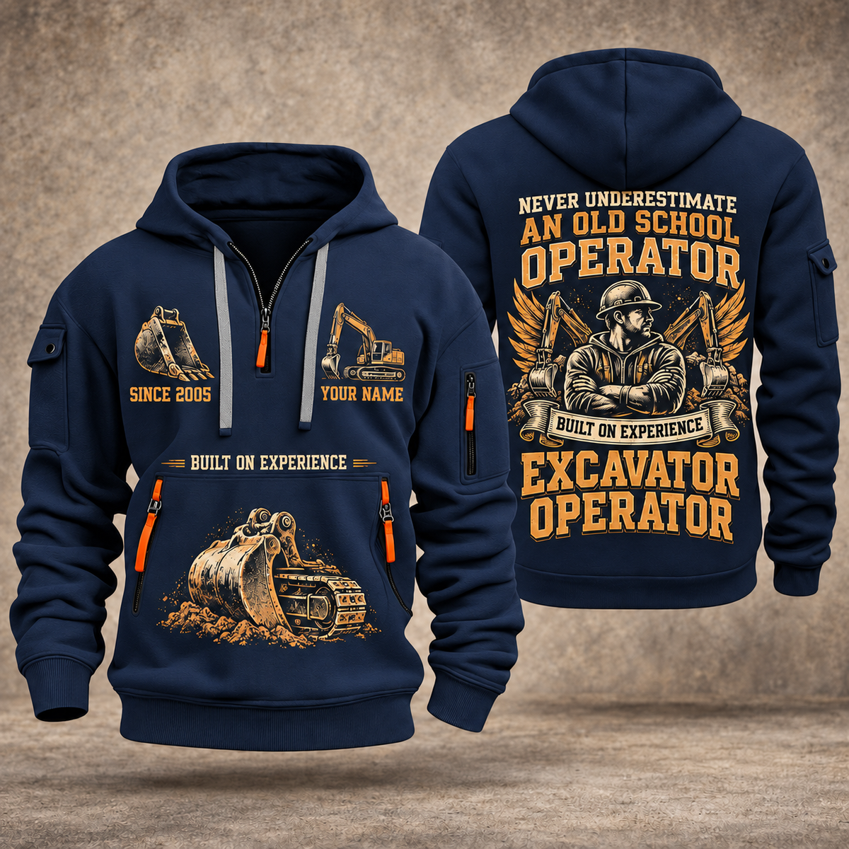 Excavator Operator Old School Operator quarter-zip hoodie in Navy, front and back, YOUR NAME and SINCE 2005 artwork
