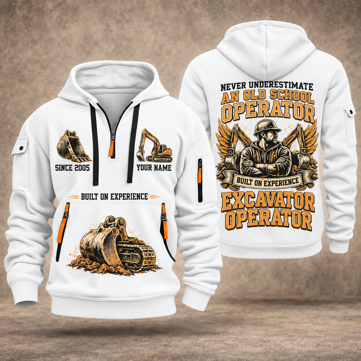 Excavator Operator Old School Operator quarter-zip hoodie in White, front and back, YOUR NAME and SINCE 2005 artwork