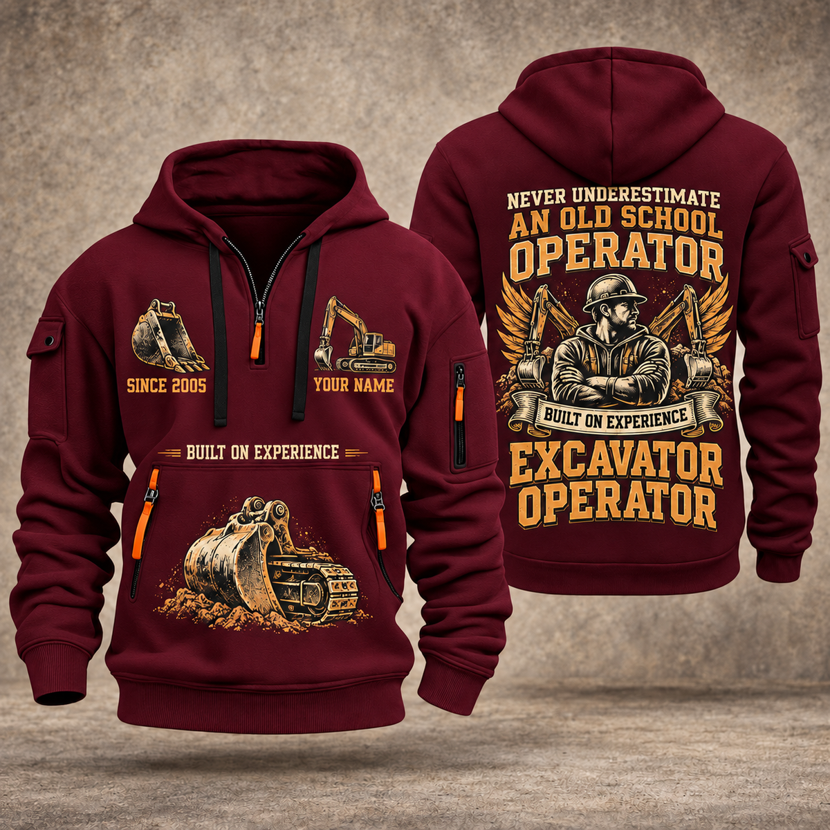 Excavator Operator Old School Operator quarter-zip hoodie in Wine Red, front and back, YOUR NAME and SINCE 2005 artwork