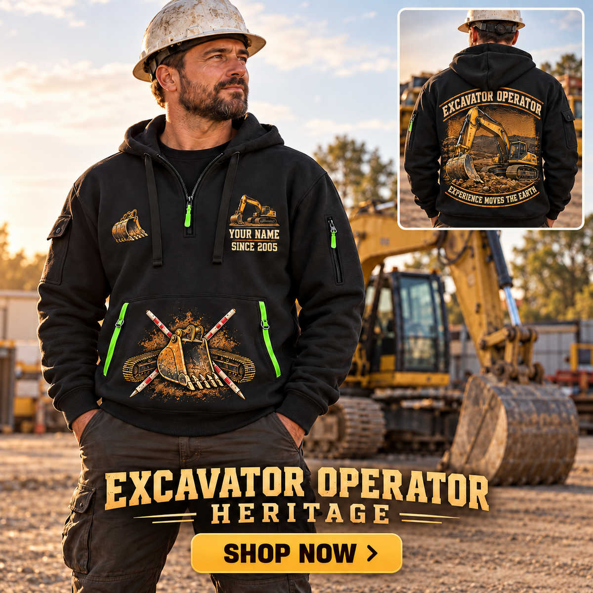 Excavator Operator wearing Earthmover Heritage quarter-zip hoodie in their workplace; product introduction and shopping call to action