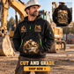 Excavator Operator wearing Cut and Grade quarter-zip hoodie in their workplace; product introduction and shopping call to action