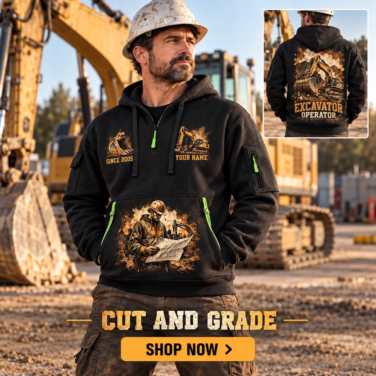 Excavator Operator wearing Cut and Grade quarter-zip hoodie in their workplace; product introduction and shopping call to action