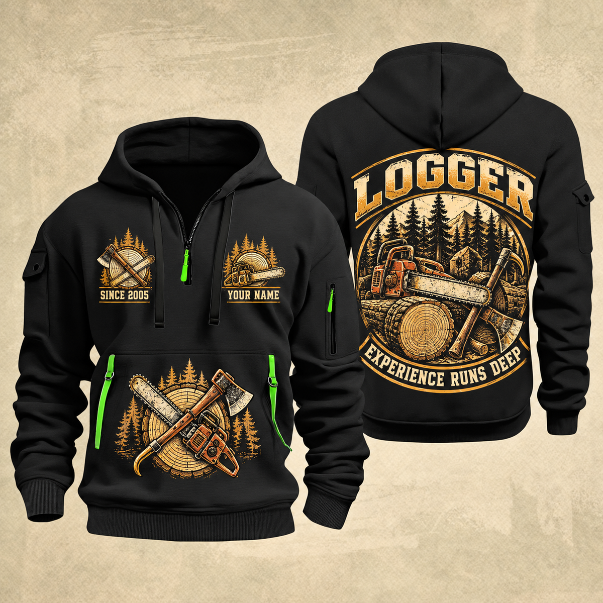 Logger Timber Roots Crest quarter-zip hoodie in Black, front and back, YOUR NAME and SINCE 2005 artwork