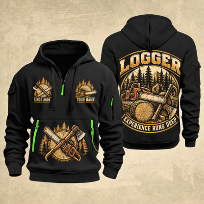 Logger Timber Roots Crest quarter-zip hoodie in Black, front and back, YOUR NAME and SINCE 2005 artwork