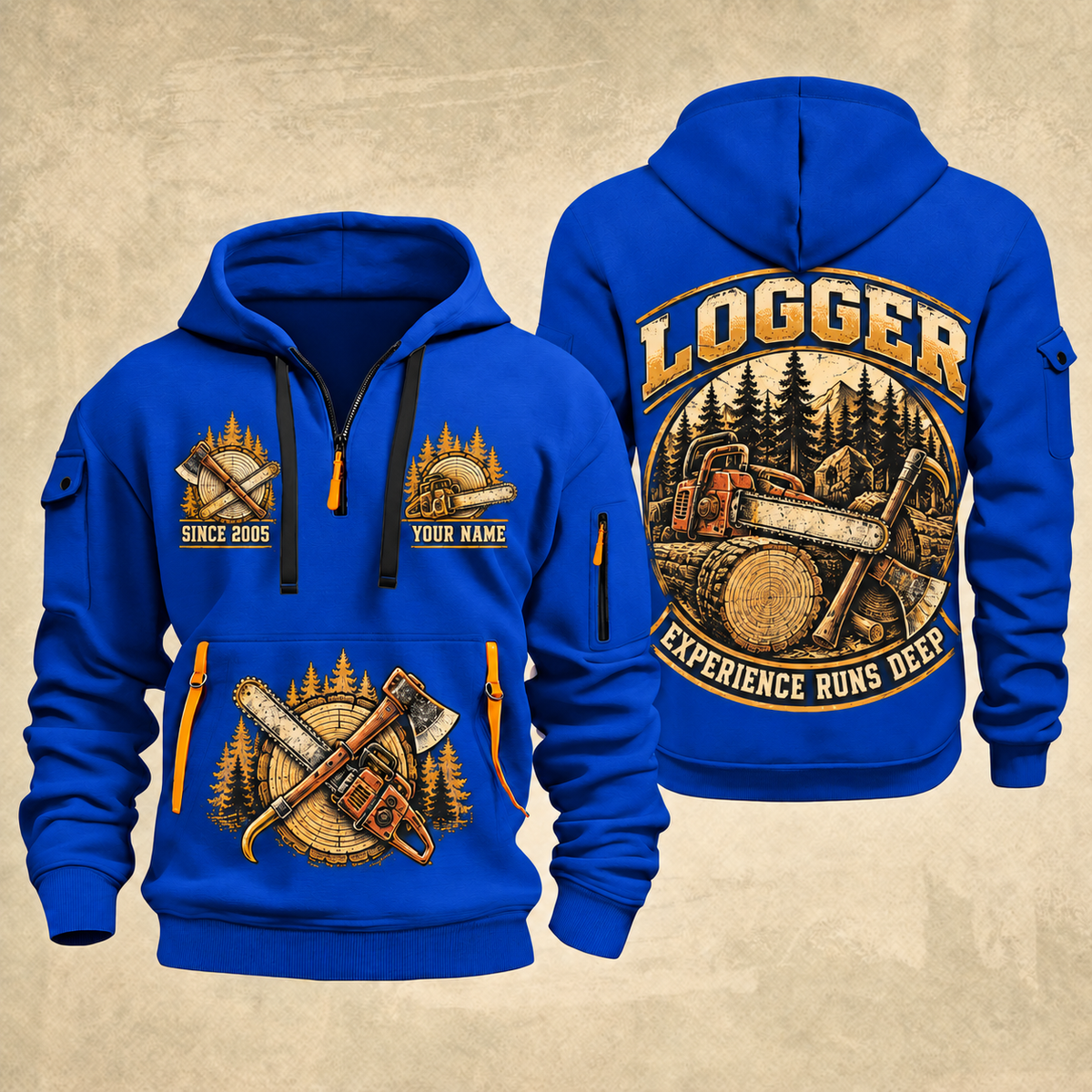 Logger Timber Roots Crest quarter-zip hoodie in Blue, front and back, YOUR NAME and SINCE 2005 artwork