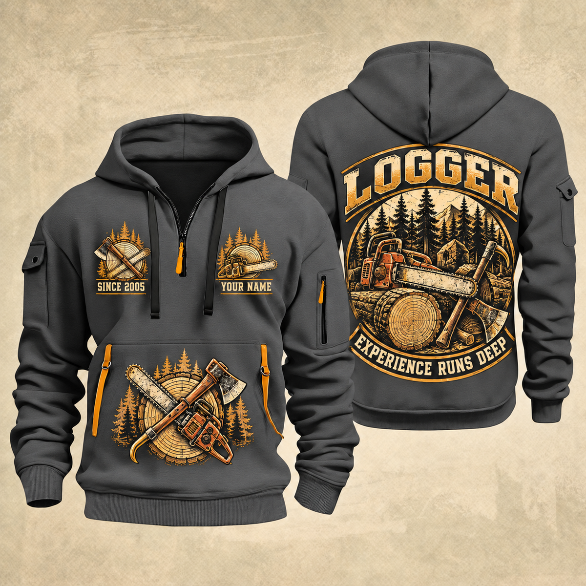 Logger Timber Roots Crest quarter-zip hoodie in Gray, front and back, YOUR NAME and SINCE 2005 artwork