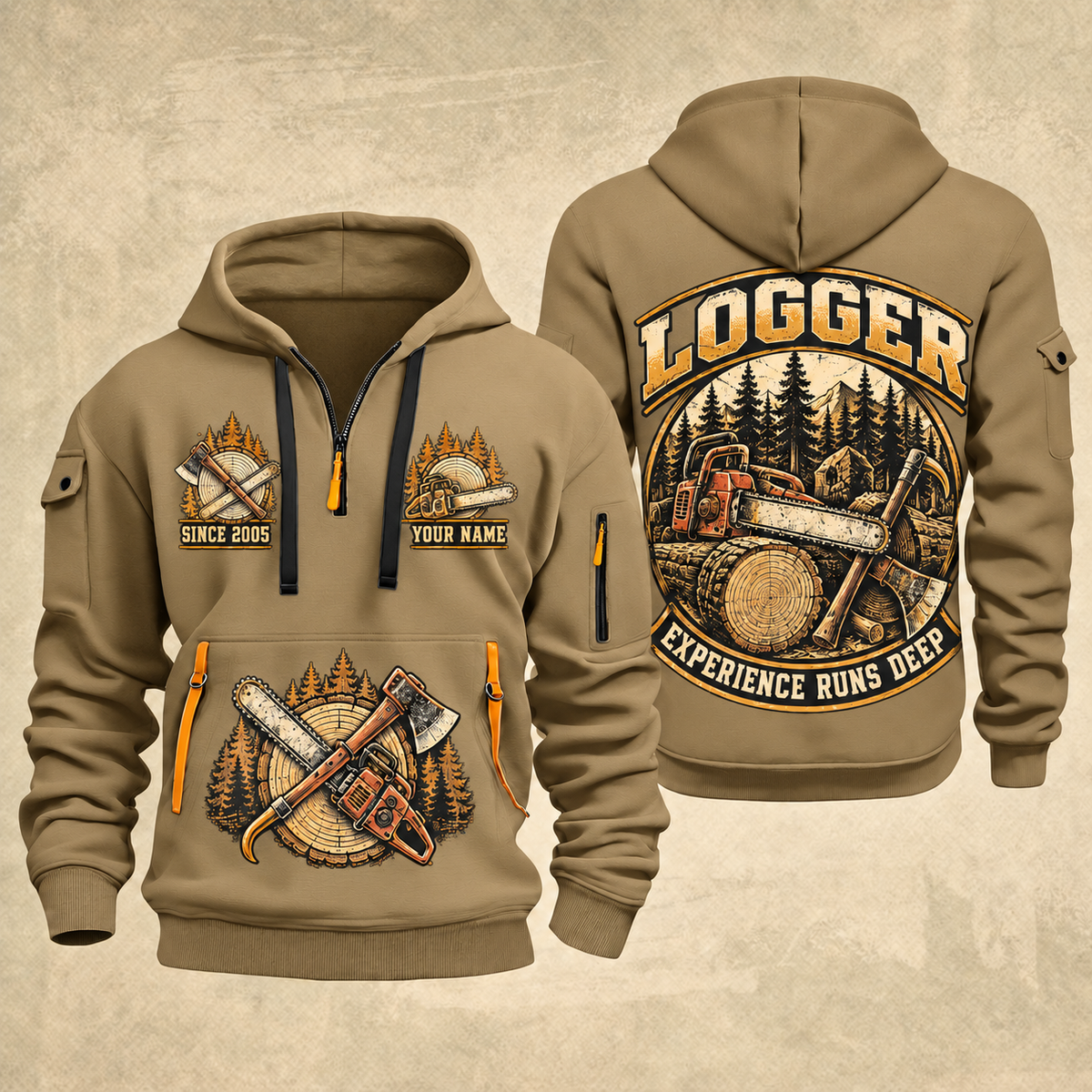 Logger Timber Roots Crest quarter-zip hoodie in Khaki, front and back, YOUR NAME and SINCE 2005 artwork