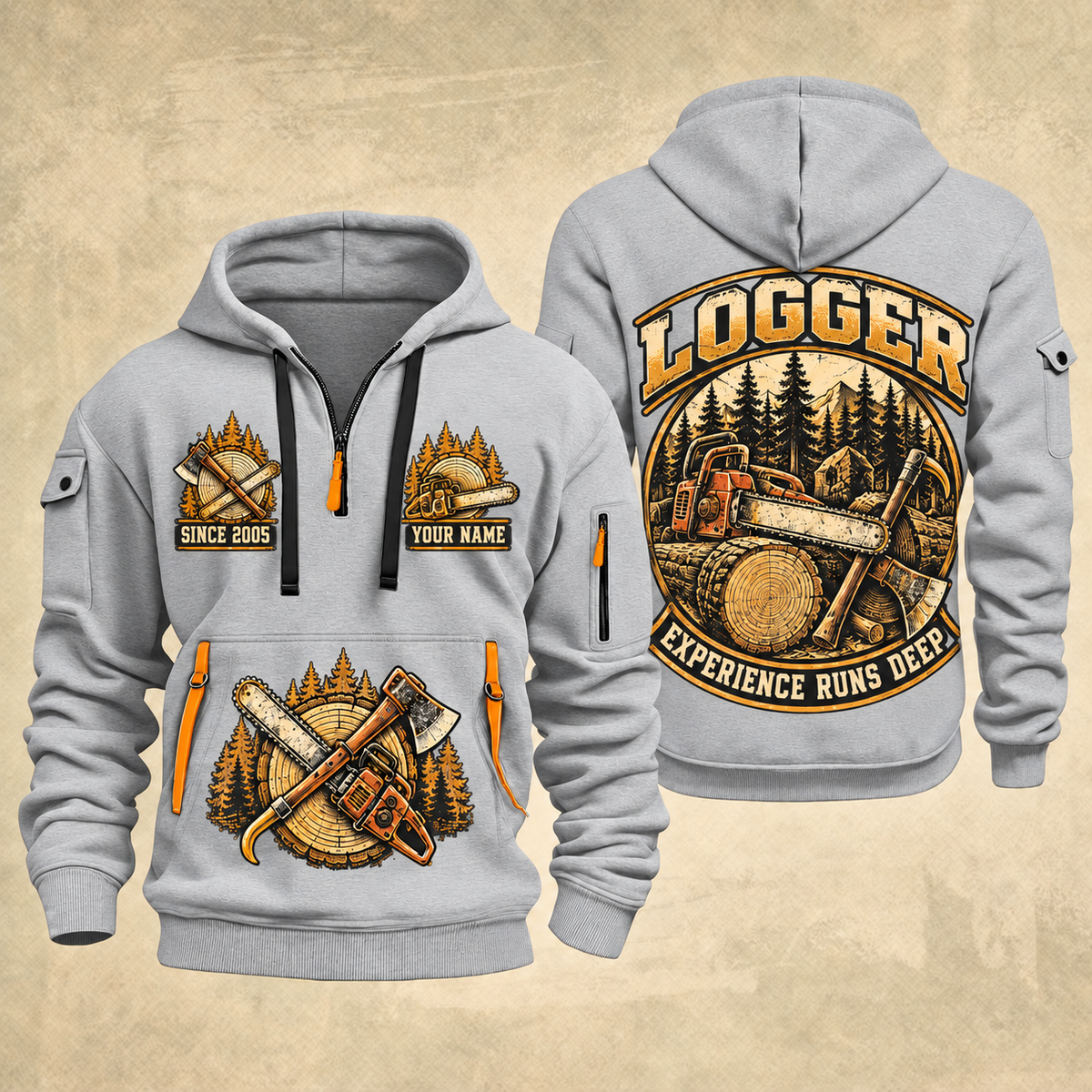 Logger Timber Roots Crest quarter-zip hoodie in Light Grey, front and back, YOUR NAME and SINCE 2005 artwork