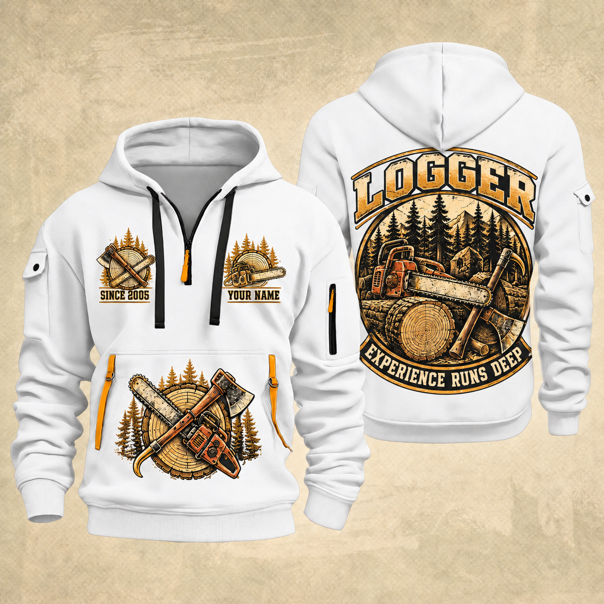 Logger Timber Roots Crest quarter-zip hoodie in White, front and back, YOUR NAME and SINCE 2005 artwork