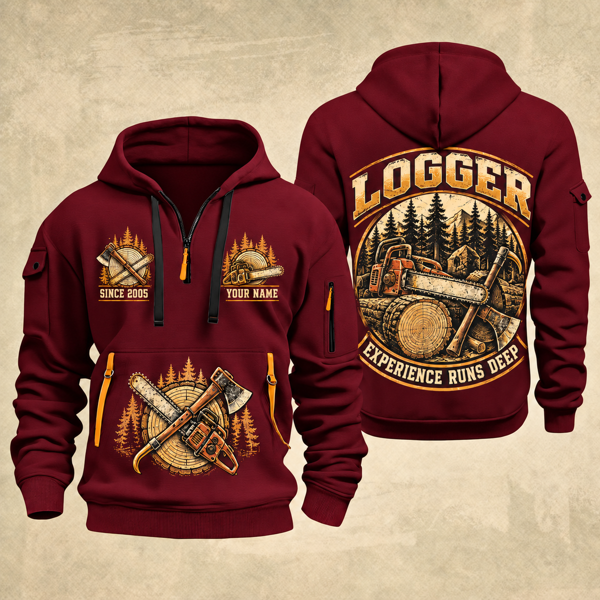 Logger Timber Roots Crest quarter-zip hoodie in Wine Red, front and back, YOUR NAME and SINCE 2005 artwork