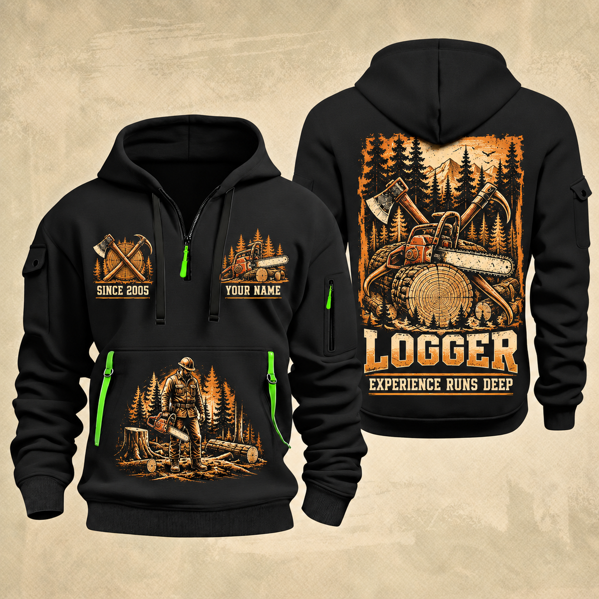 Logger Timber Heritage Plate quarter-zip hoodie in Black, front and back, YOUR NAME and SINCE 2005 artwork