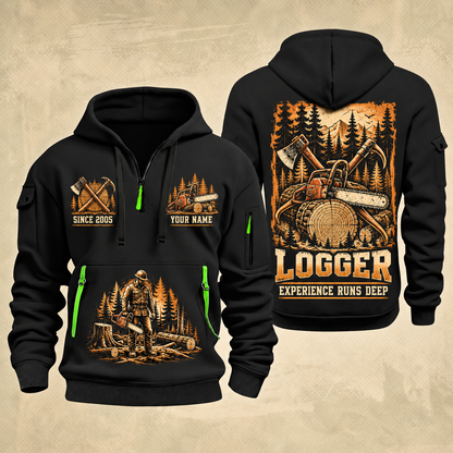 Logger Timber Heritage Plate quarter-zip hoodie in Black, front and back, YOUR NAME and SINCE 2005 artwork