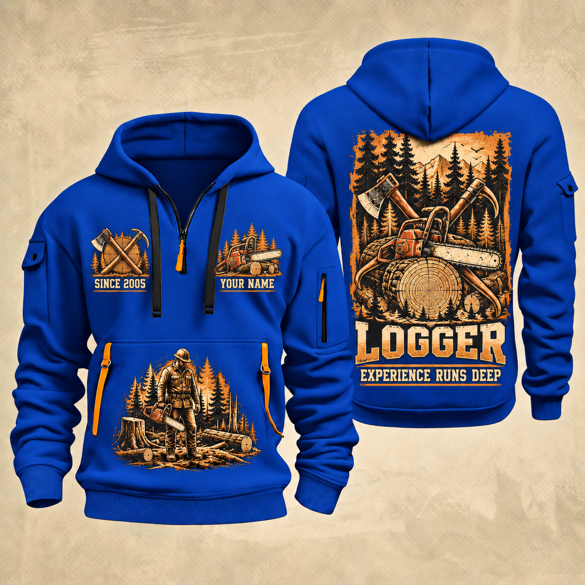 Logger Timber Heritage Plate quarter-zip hoodie in Blue, front and back, YOUR NAME and SINCE 2005 artwork