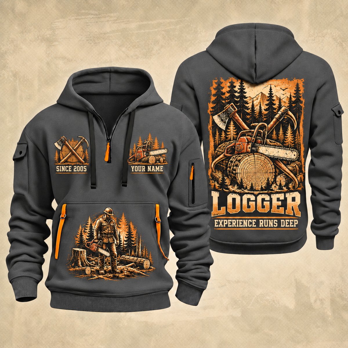 Logger Timber Heritage Plate quarter-zip hoodie in Gray, front and back, YOUR NAME and SINCE 2005 artwork