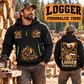 Logger wearing Timber Heritage Plate quarter-zip hoodie in their workplace; product introduction and shopping call to action