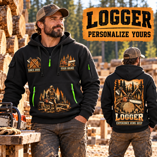 Logger wearing Timber Heritage Plate quarter-zip hoodie in their workplace; product introduction and shopping call to action