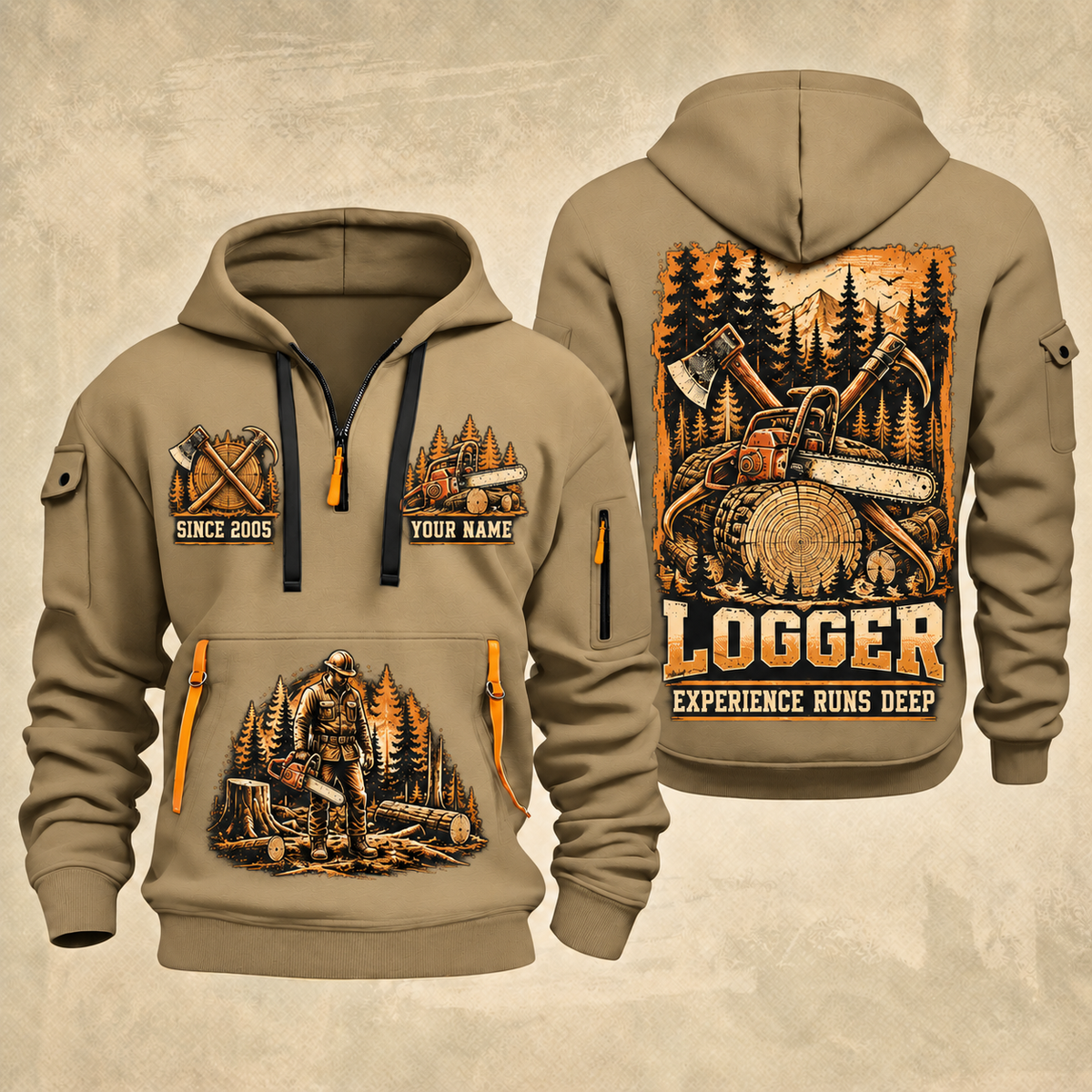 Logger Timber Heritage Plate quarter-zip hoodie in Khaki, front and back, YOUR NAME and SINCE 2005 artwork