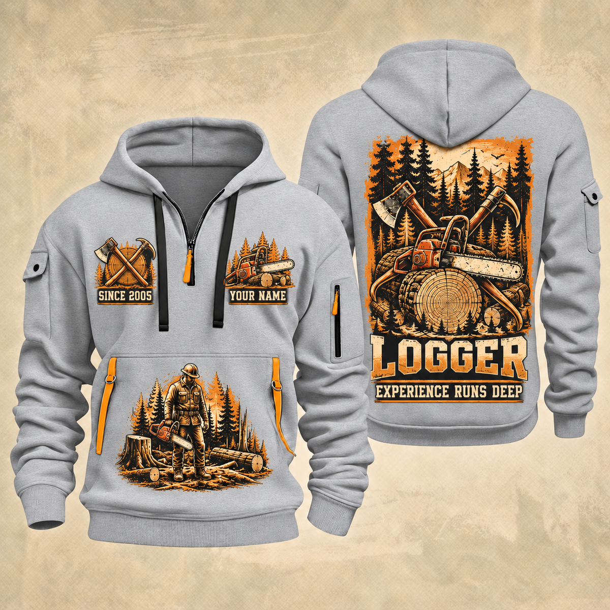 Logger Timber Heritage Plate quarter-zip hoodie in Light Grey, front and back, YOUR NAME and SINCE 2005 artwork