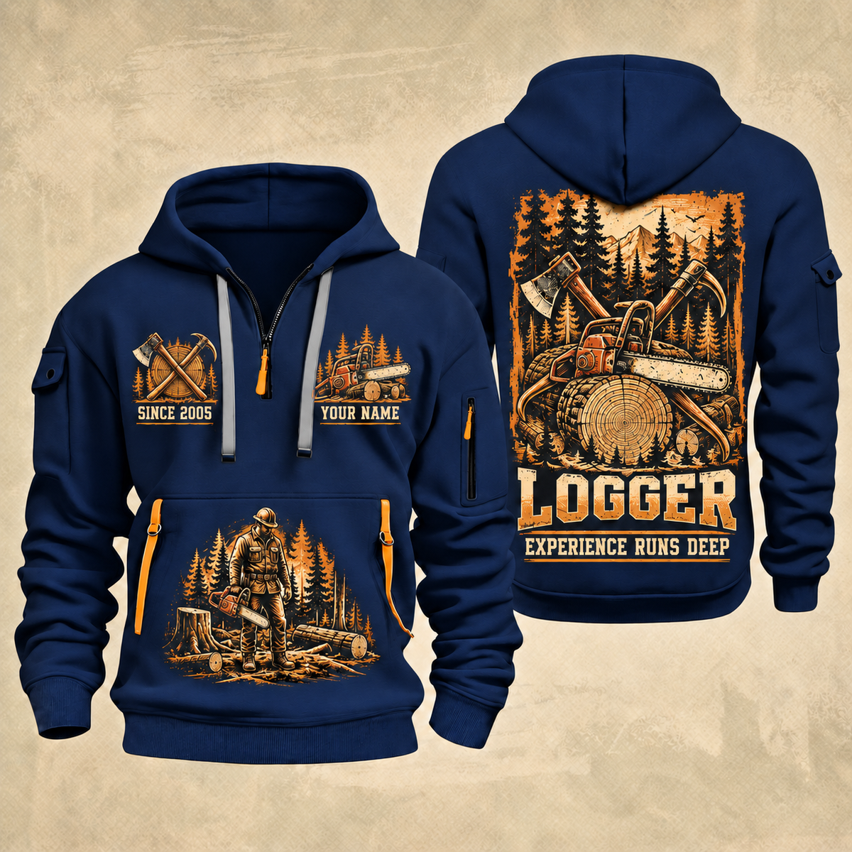 Logger Timber Heritage Plate quarter-zip hoodie in Navy, front and back, YOUR NAME and SINCE 2005 artwork