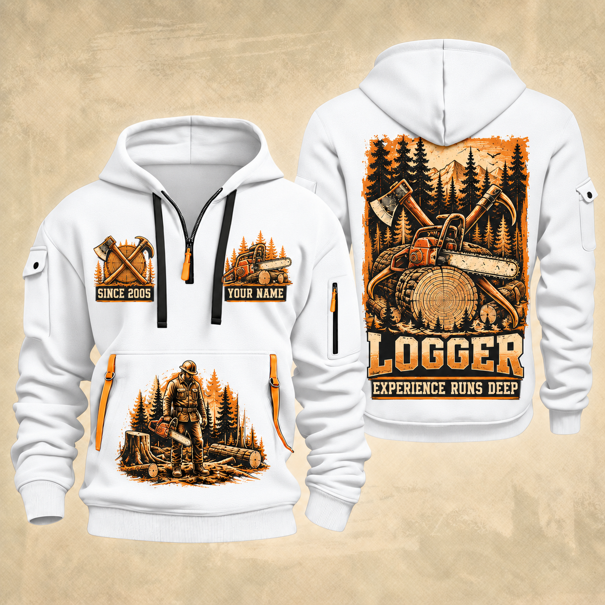 Logger Timber Heritage Plate quarter-zip hoodie in White, front and back, YOUR NAME and SINCE 2005 artwork